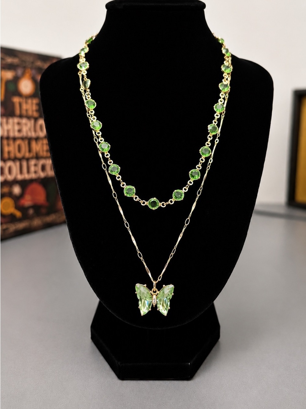 Green Butterfly Pendant Necklace, Layered Crystal Necklace, Gold Tone
